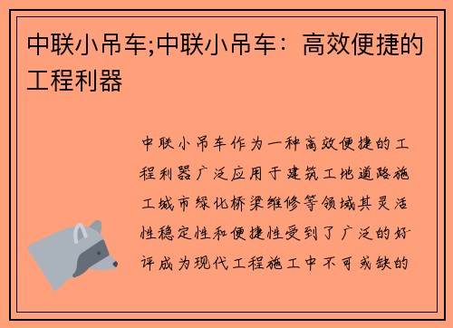 中联小吊车;中联小吊车：高效便捷的工程利器