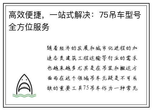 高效便捷，一站式解决：75吊车型号全方位服务